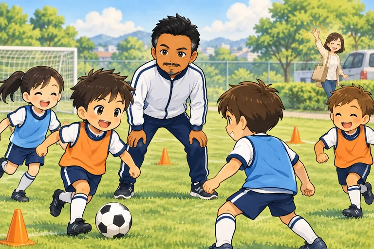 丸山コーチが子どもたちの練習を見守り、保護者が安心して送り出すイラスト