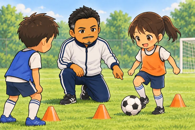 丸山コーチが子どもたちにボールの扱い方を教えるイラスト